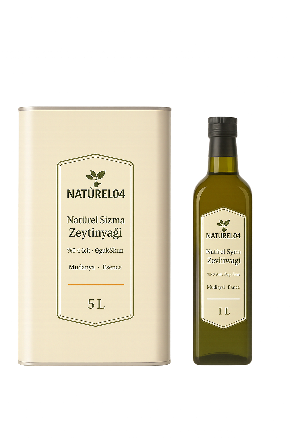 Natürel04 5L teneke ve 1L şişe zeytinyağı ürünleri